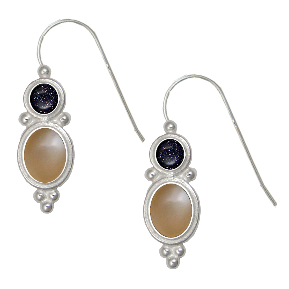 Sterling Silver Drop Dangle Earrings With Peach Moonstone And Blue Goldstone